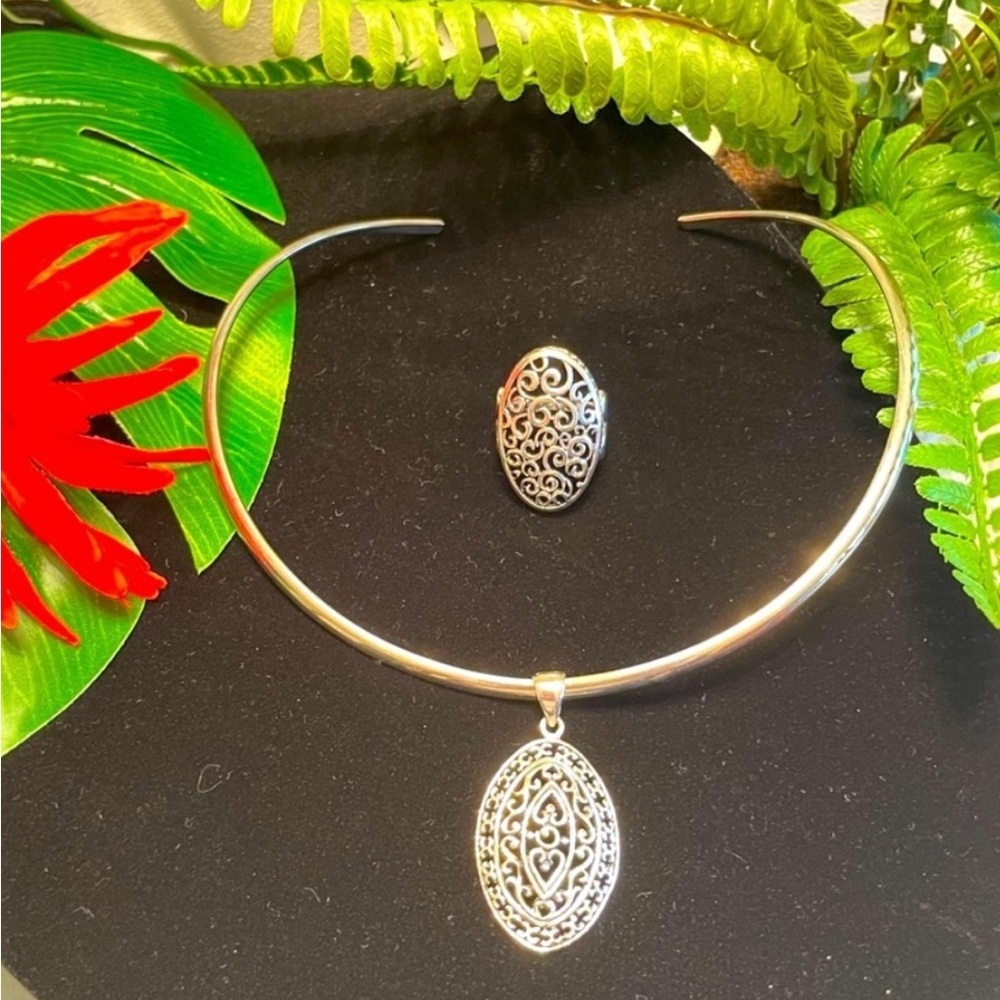 2 Pc Silver Alloy Filigree Set Pendant and Ring Sz 9 tdc